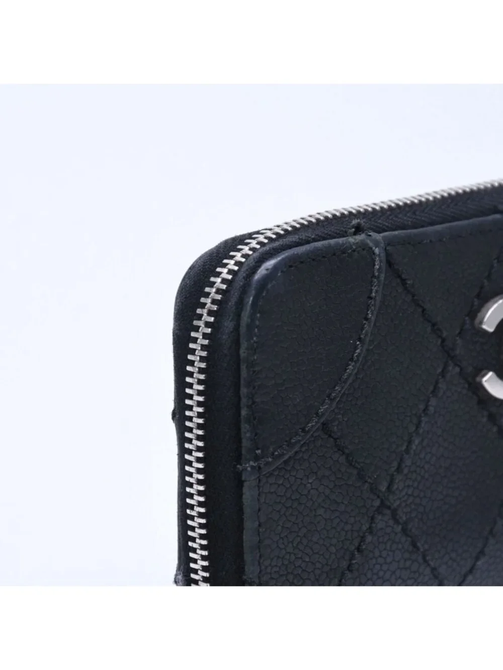 Chanel Leather Wallet Card Case CC Logo Wild Stitch Caviar Black Silver